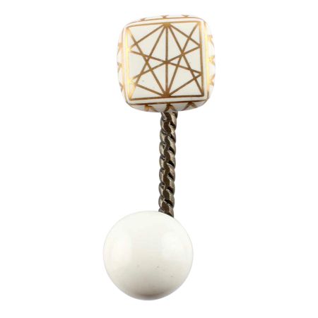 White And Golden Square Ceramic Wall Hook in Antique Fitting 